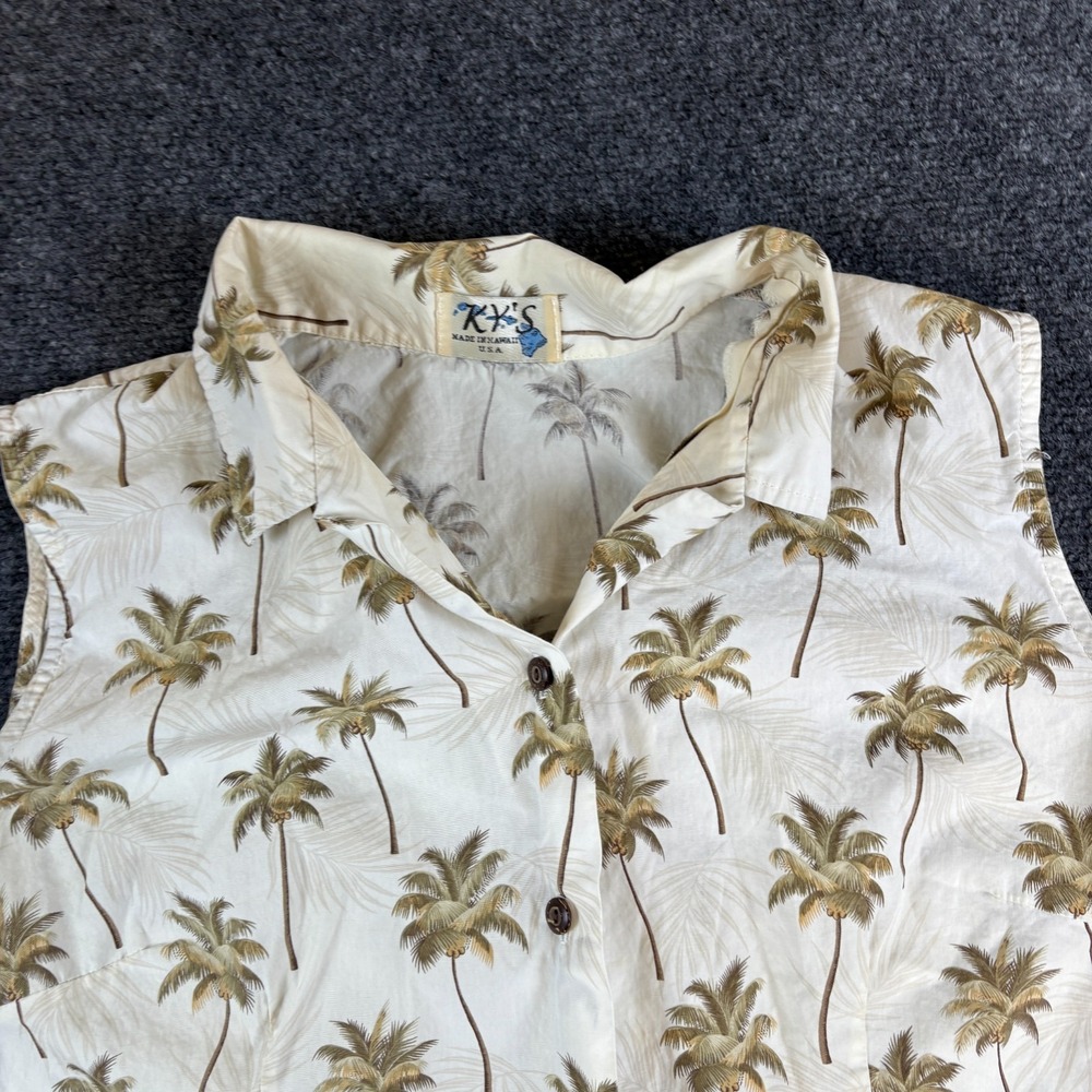 KYs Shirt Womens L Beige Side Slits Palm Tree Tropical Hawaiian Button Up READ